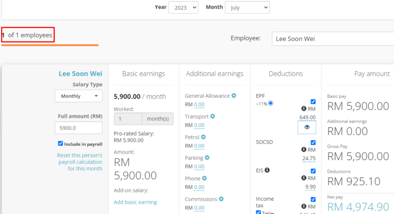 Kakitangan showing 1 employees on payroll