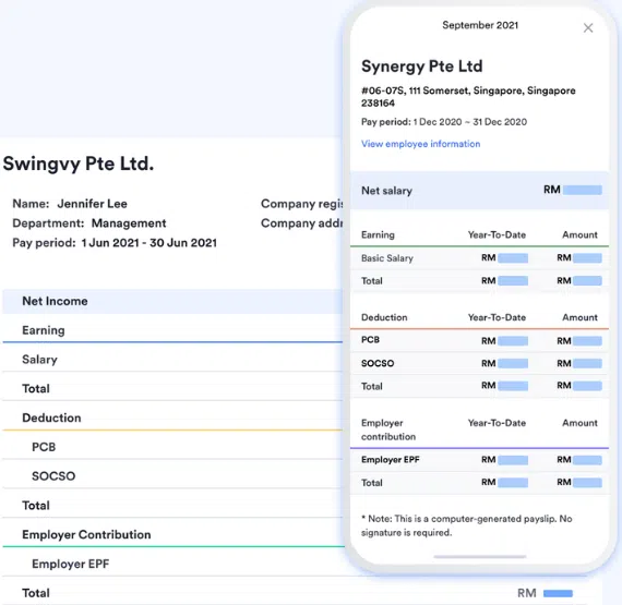 Example of a payslip generate from Swingvy.