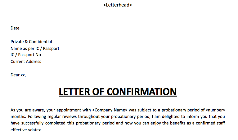 Letter of confirmation