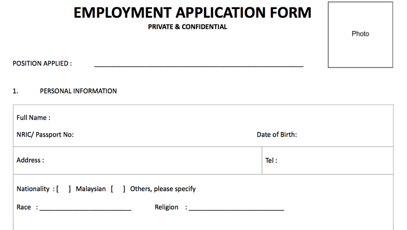 Employment application form