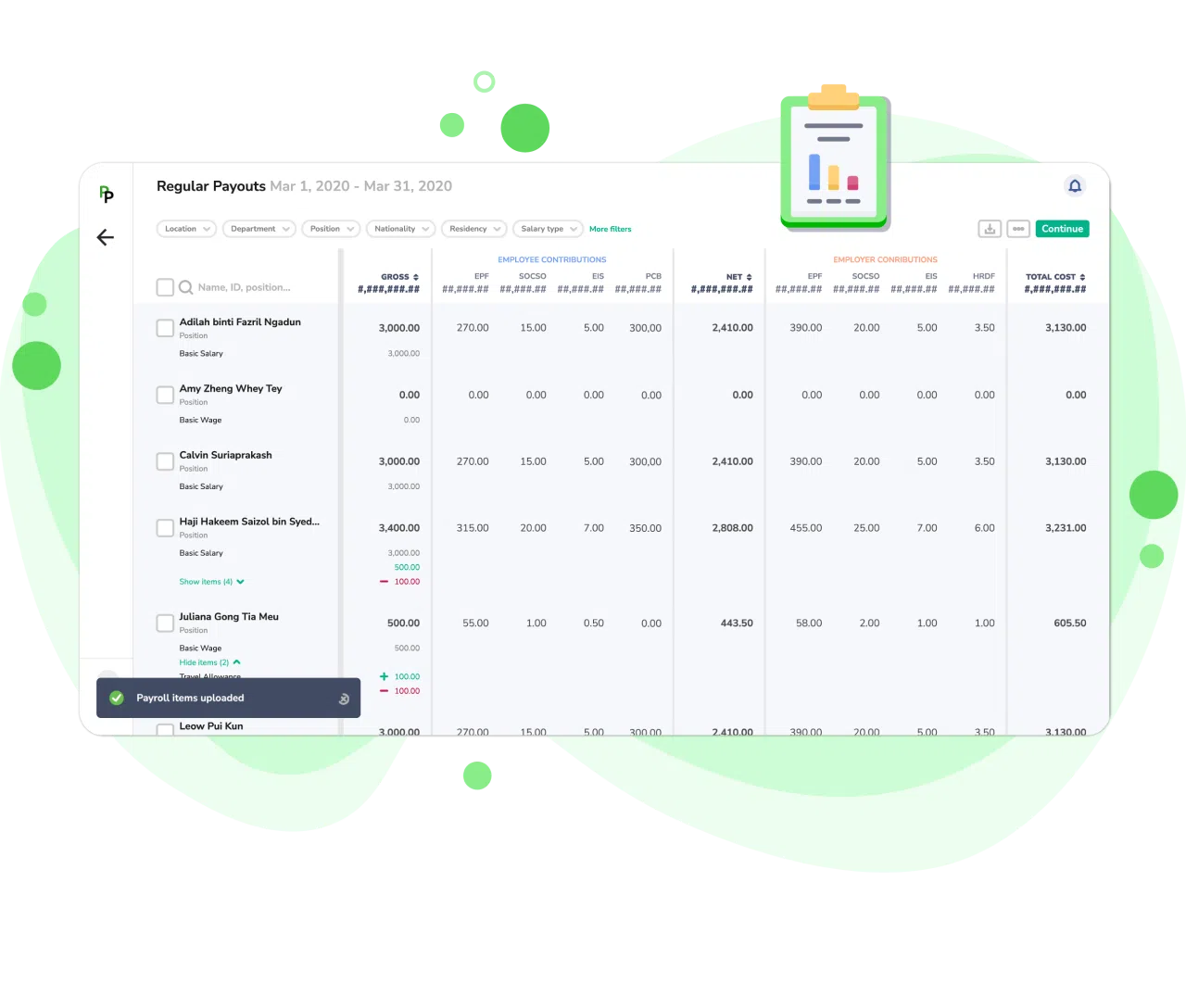 Detailed payroll reports with breakdown amounts