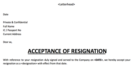 Acceptance of resignation letter