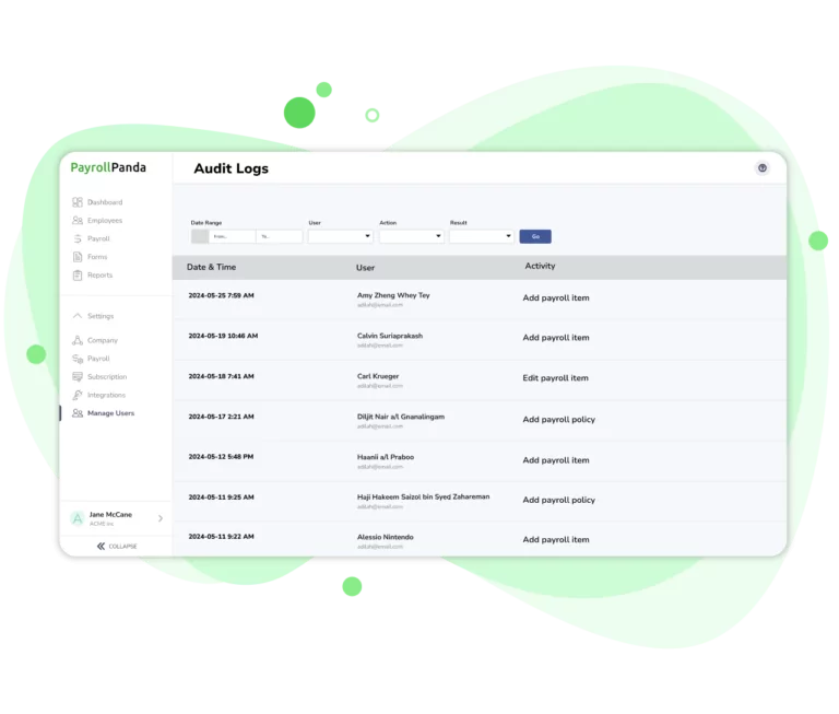 Detailed audit logs on PayrollPanda