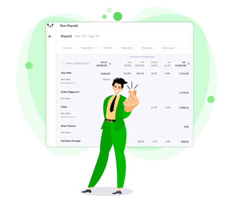 A smiling cartoon guy with a backdrop of the PayrollPanda payroll software.