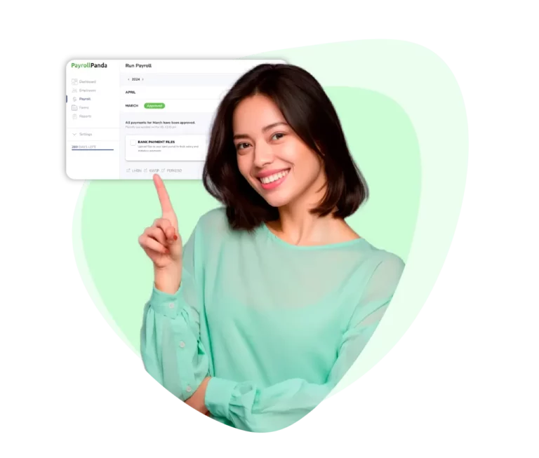 Girl pointing at run payroll screen