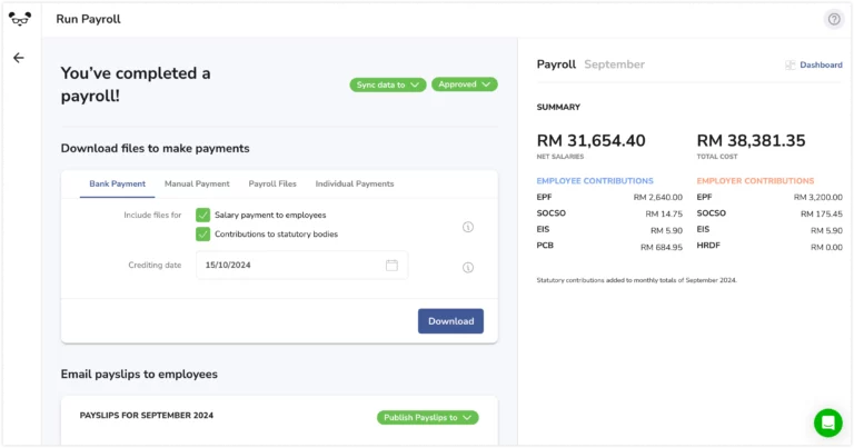 A summary of payroll, highlighting bank files to be exported and payslips to be published